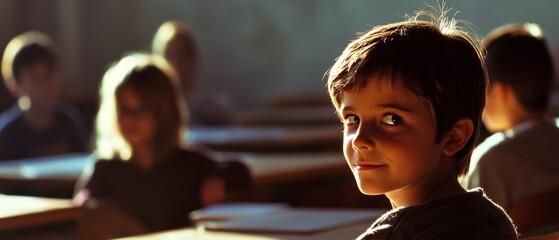 In a classroom filled with soft light, a young boy sits at his desk, looking attentively and ready to learn.