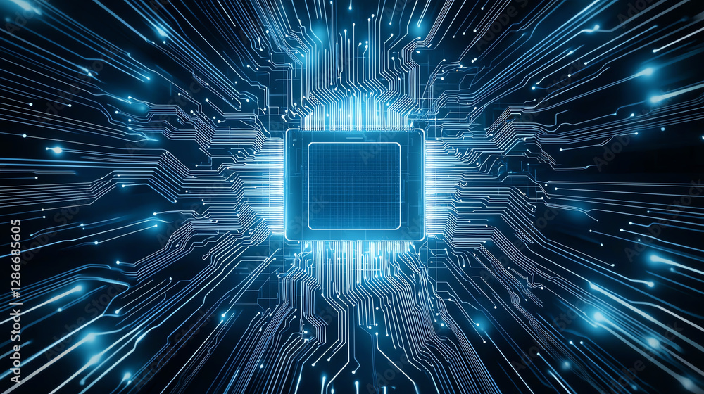 Poster futuristic blue circuit board with glowing lines and central processor, representing technology and 