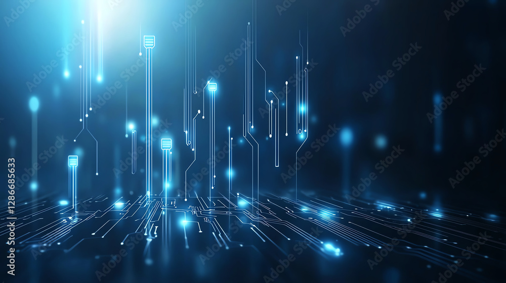 Poster digital abstract background featuring glowing blue circuit lines and nodes, creating futuristic tech