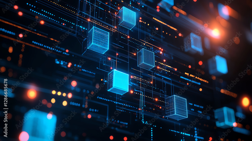 Poster abstract digital background with glowing cubes and interconnected lines, representing technology and