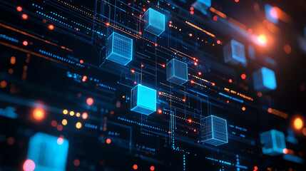 Abstract digital background with glowing cubes and interconnected lines, representing technology and data flow. vibrant colors create futuristic atmosphere
