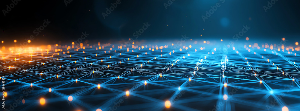Poster vibrant abstract background featuring glowing blue and orange lights, creating network like pattern 