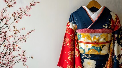 Vibrant Japanese Kimono with Floral and Traditional Patterns on Blossoming Spring Background with Copy Space