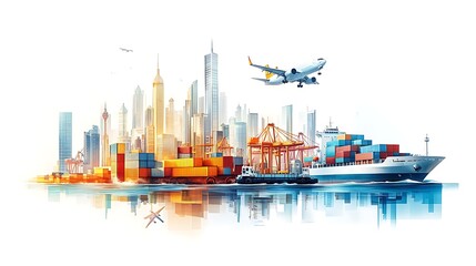Fototapeta premium Global Transportation and Logistics Illustration, Illustration of global transportation with a plane, cargo ship, and trucks against a city skyline