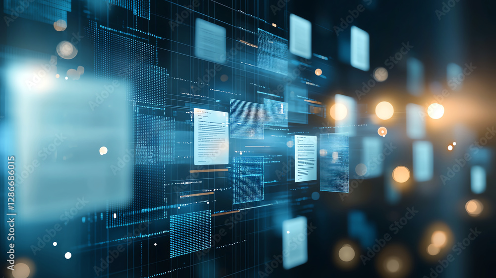 Poster digital data flow with blue abstract background and glowing elements