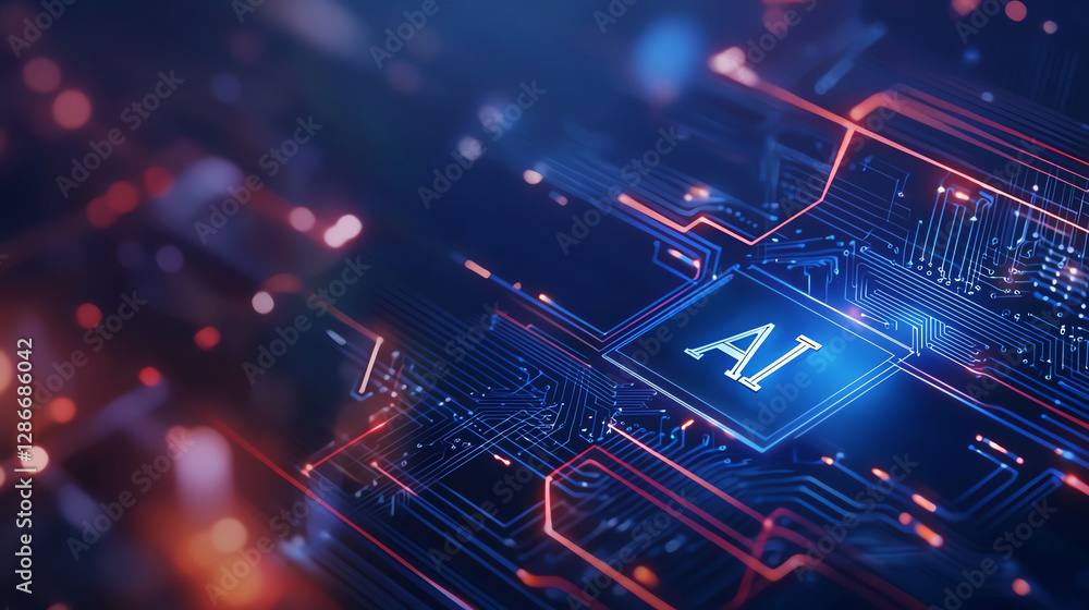 Poster ai circuit board with glowing elements, showcasing technology and innovation. intricate design highl