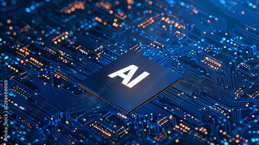 Aufkleber ai technology on circuit board with glowing blue lights, showcasing innovation and modernity. intric