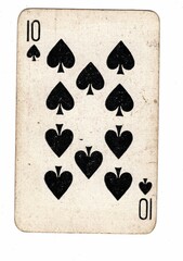 A well used and grubby spades playing card on a white background.