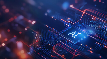 Obraz premium AI circuit board with glowing elements, showcasing technology and innovation. intricate design highlights future of artificial intelligence and digital advancements