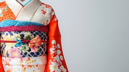 Naklejka premium Vibrant Japanese Kimono with Floral Pattern and Copy Space