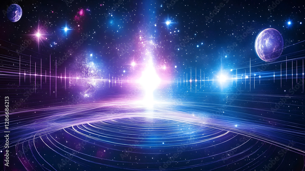 Poster cosmic space scene featuring bright blue and purple lights with abstract forms and patterns in a sta
