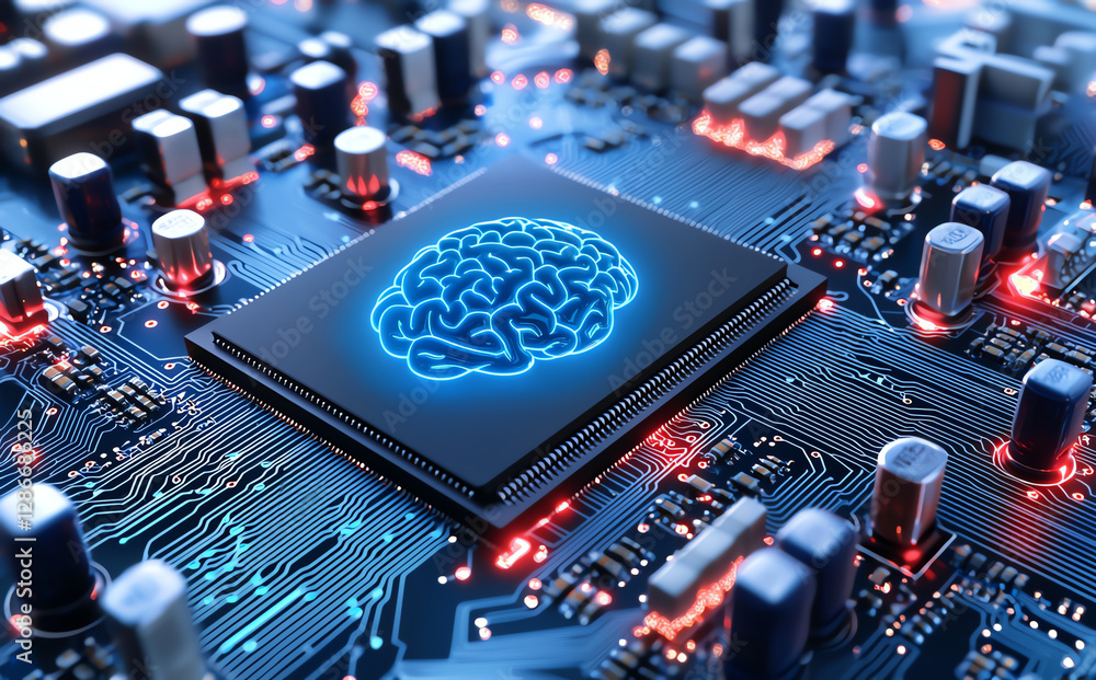 Poster 3d render of microchip featuring glowing brain design on circuit board, symbolizing advanced technol