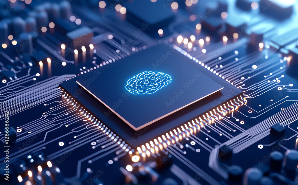 Poster 3d render of microchip featuring brain design on circuit board, symbolizing advanced technology and 