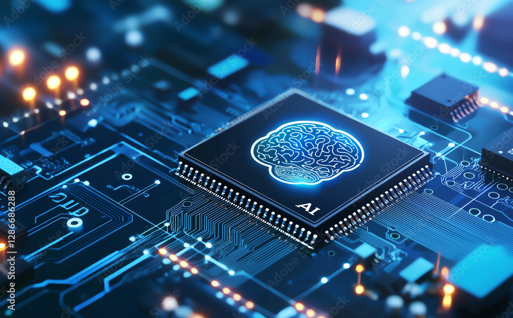 Poster futuristic microchip with brain design symbolizes artificial intelligence on circuit board, showcasi