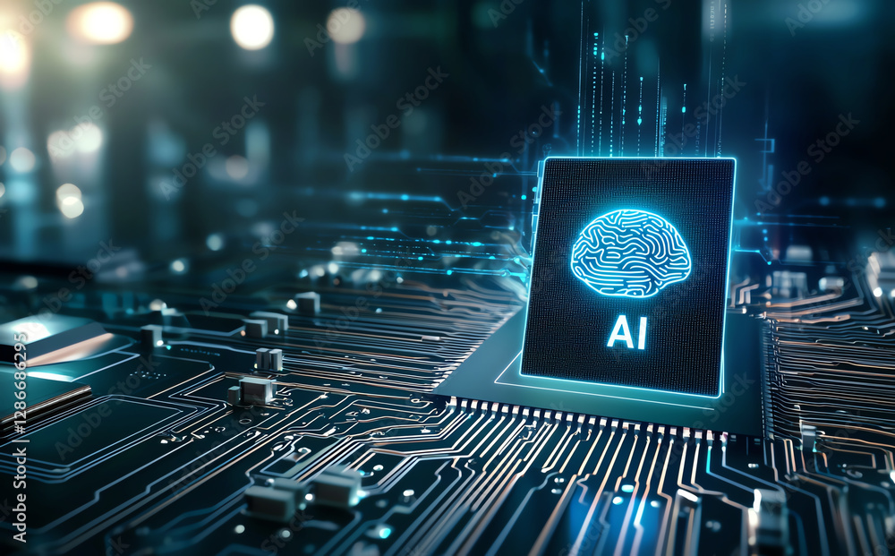 Poster 3d render of circuit board with glowing ai brain chip, showcasing advanced technology and innovation