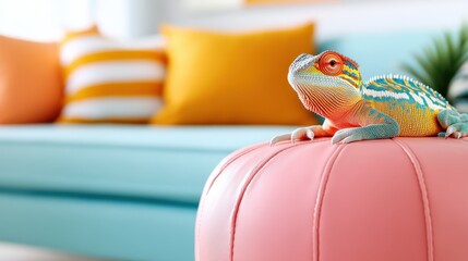 A vibrant reptile resting on a stylish pink ottoman, surrounded by a lively living space with colorful pillows, adding an artistic touch to a modern interior setting.