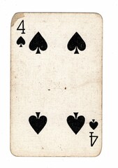 A well used and grubby spades playing card on a white background.