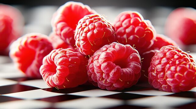 A captivating close-up view of ripe red raspberries laid against a contrasting black and white checkerboard surface, showcasing their rich texture and stunning color.
