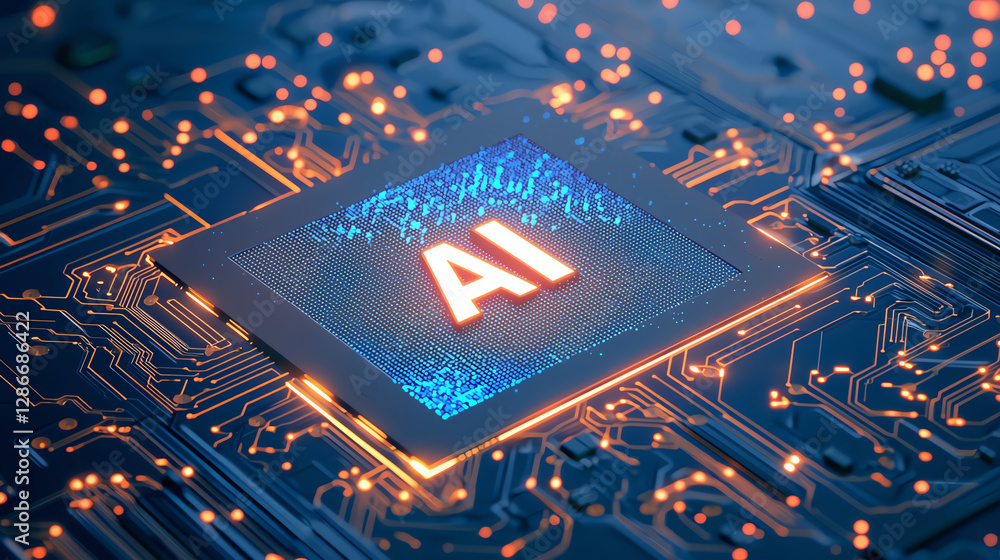Poster ai text on circuit board chip, showcasing technology and innovation. vibrant colors and intricate de