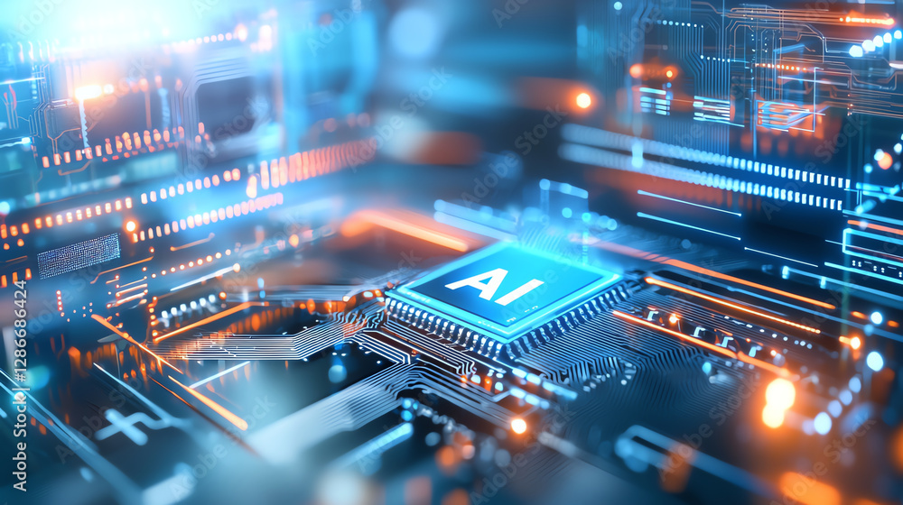 Poster vibrant circuit board featuring ai chip, showcasing advanced technology and innovation. intricate de