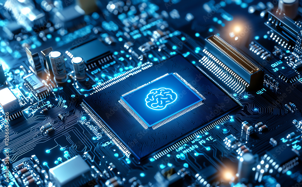 Poster close up view of computer chip featuring glowing brain icon, symbolizing artificial intelligence and