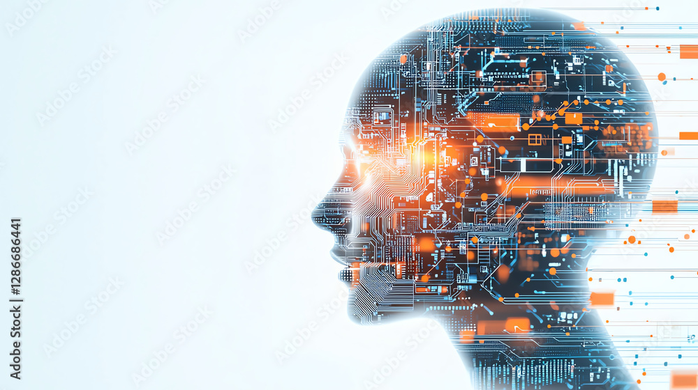 Aufkleber abstract human head silhouette with digital circuitry and glowing elements, representing technology 