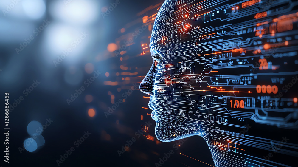 Poster digital human head with circuit patterns and glowing elements, representing technology and innovatio