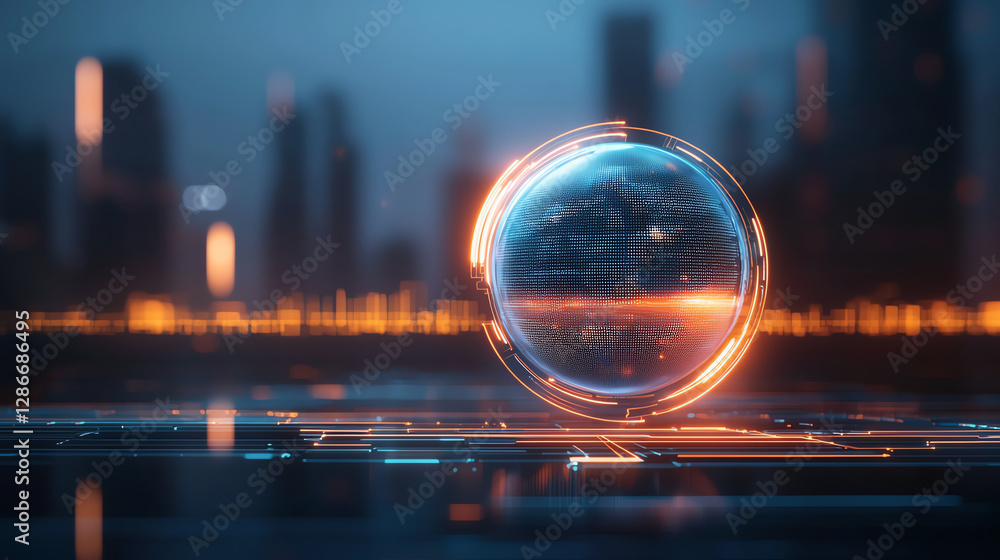 Poster futuristic globe with glowing lines and city skyline in background, representing technology and inno