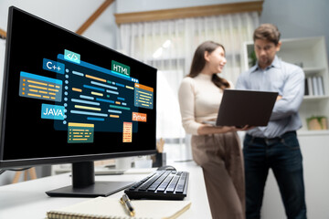 Software development or programming work with coding screen of various programming languages like HTML, Python, Java, and C brisk for new application development