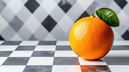 A vibrant orange sits on a black and white checkerboard pattern, showcasing its glossy texture and green leaf, symbolizing freshness and vitality in a modern setting.