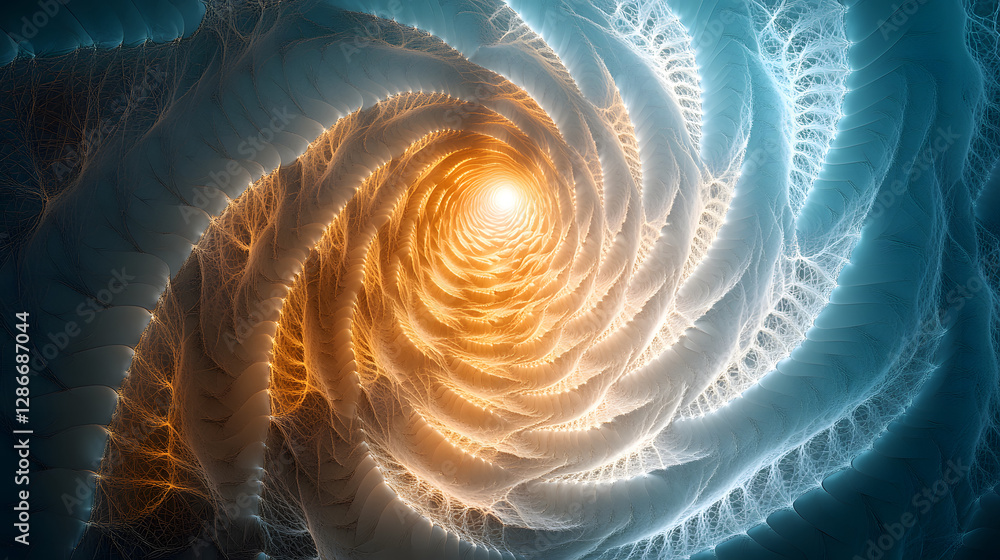Poster spiral design in blue and orange with a dynamic and cosmic interpretation of abstract art