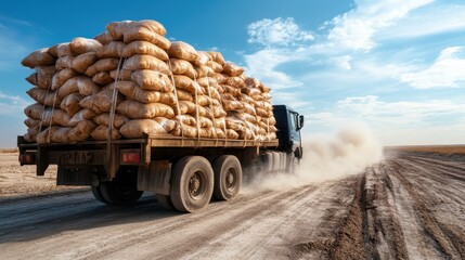 A robust truck loaded with sacks travels along a dusty, unpaved road, capturing the essence of transportation, agriculture, and the challenges of rugged terrain.