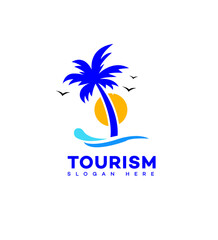 Tropical Tourism Logo Design Palm Tree, Sun, Ocean, Birds