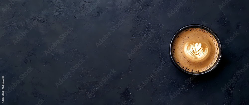 Poster coffee art on dark: an overhead view presents a latte with art, creating a visually captivating expe