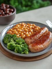English Breakfast with Sausages, Baked Beans, and Broccoli (AI-Generated)