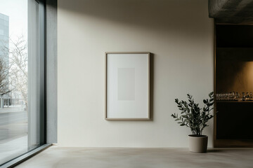 Plant in pot in modern interior with frame on wall. Modern interior with plant decor and frame on the wall