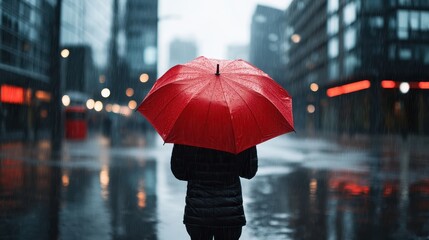 A lone individual stands under a vivid red umbrella on a rainy urban street, creating a striking visual contrast against the backdrop of towering buildings and glistening puddles.