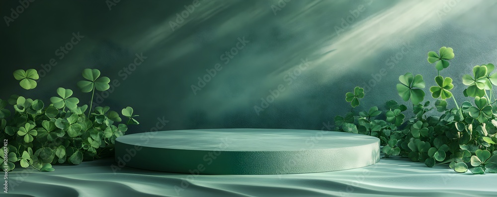 Poster green shamrock round podium display on dark emerald background with smoke effect. st patrick's day m