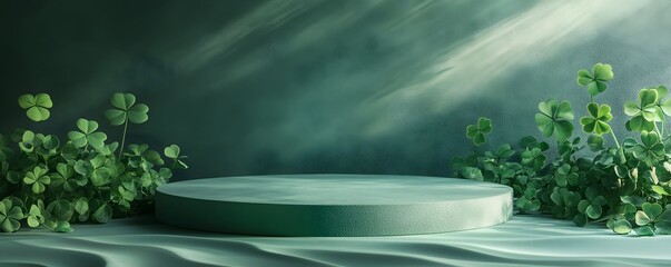 Green shamrock round podium display on dark emerald background with smoke effect. St Patrick's day minimal product stage platform with clover leaves and copy space