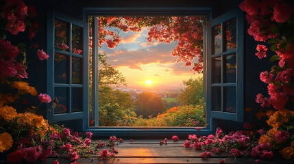 A Tranquil and Gorgeous Sunset View from Within an Open Window Framed Beautifully by Colorful Flowers