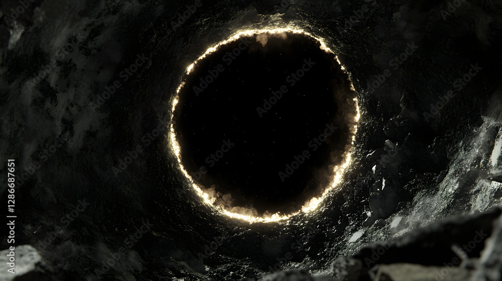 Poster black hole with light emerging from it in a cosmic and surreal space environment