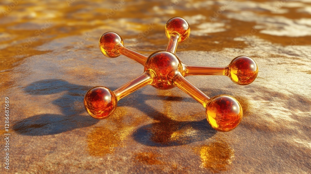 Poster abstract representation of a molecular structure on a textured surface in warm orange tones