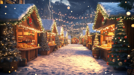 Obraz premium Christmas market stalls, street fair wooden booths decorated with fir-tree branches, bows and lighting garlands. Winter kiosks with traditional sweets and gifts for sale, Cartoon vector illustration