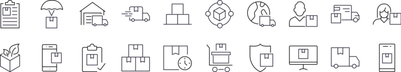 Delivery Line Icon Bundle. Truck, Box, Shipping Outline Signs for Graphic and Web Design, Apps, Adverts, Various Cards