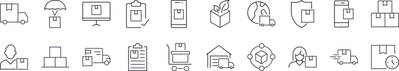 Delivery Thin Line Icon Set. Truck, Box, Shipping Outline Signs for Graphic and Web Design, Apps, Adverts, Various Cards