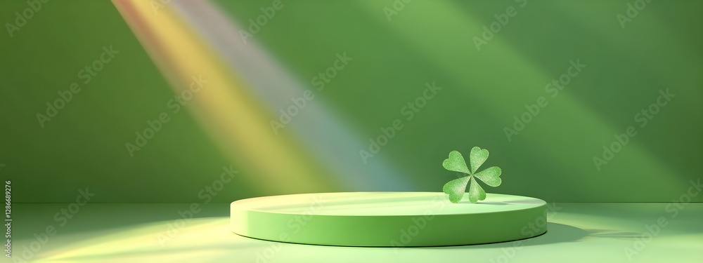 Aufkleber minimalist green podium with clover leaf and golden light beam on blurred background. st patrick day
