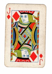 A well used and grubby diamonds playing card on a white background.