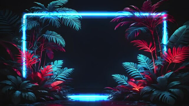 Glowing neon rectangle Tropical plants Led light background Copy space Video Animation