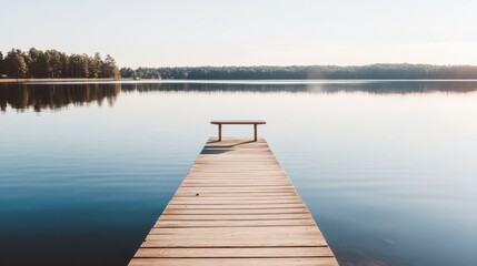 Fototapeta premium Experience tranquility and simplicity on a wooden pier overlooking a serene lake during a calm afternoon