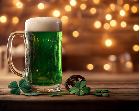 A green beer mug with foam, surrounded by shamrocks and a lucky coin, with bokeh lights in the background, symbolizing St. Patrick's Day and Irish celebration